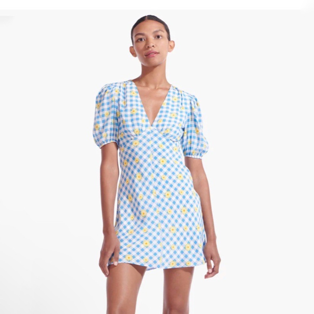 STAUD Blue and Yellow Gingham Mini Dress